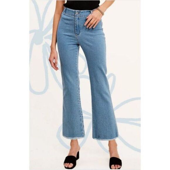 La Miel Judy Pants Denim Jeans Light Blue High Rise Fringe Hem Size Large - Picture 1 of 6